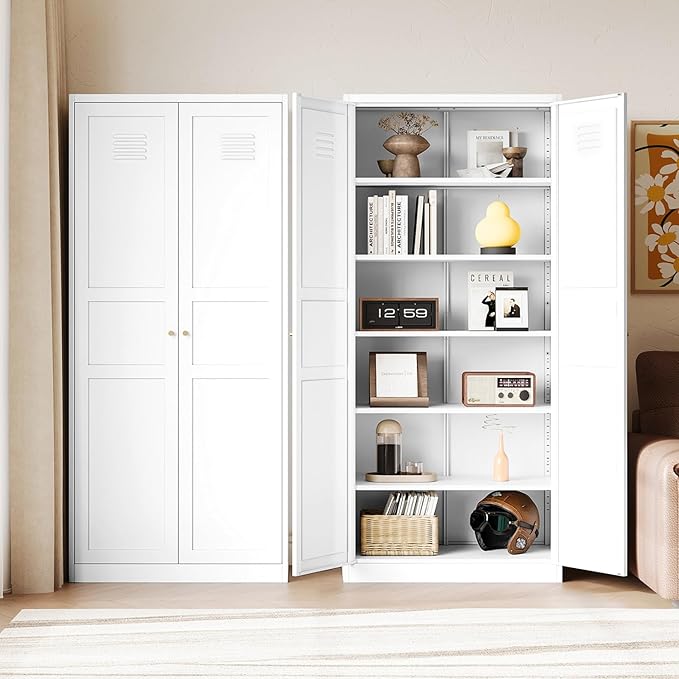 Letaya White Storage Cabinet with Adjustable Shelves-Metal Home Kitchen Pantry Cabinets with Doors,Organization Locker for Cupboard/Bedroom/Dining/Living/Bathroom/Office/Garage Room-Ruum Studio Home