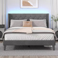 King Size Bed Frame with LED Lights, Upholstered Bed Frame with Wingback Diamond Tufted Headboard, Wood Slats Support, Noise-Free, Easy Assembly, No Box Spring Needed, Grey-Ruum Studio Home
