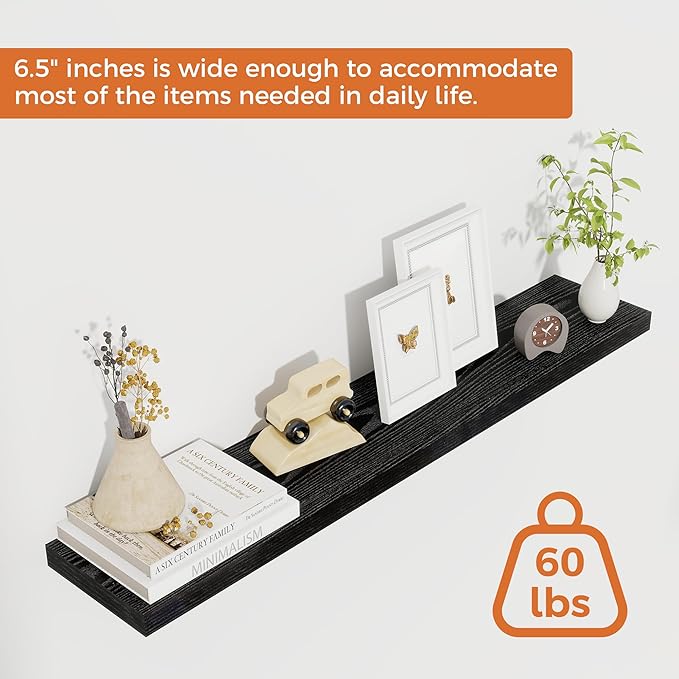 Fun Memories 36Inch Floating Shelves for Wall 2 Pack Wood Shelves for Kitchen, Bathroom, Bedroom Wall Mounted Rustic Wood Floating Shelf with Invisible Brackets for Books, Storage, Decor, Black-Ruum Studio Home