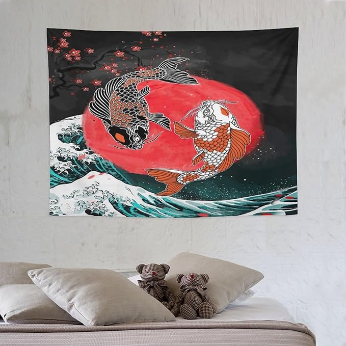 Houselerax Koi Fish Tapestries,Japanese Style Yin Yang Big Wave Cherry Blossoms Tapestry Wall Hanging for Bedroom Living Room Office Decor 40"x30"-Ruum Studio Home