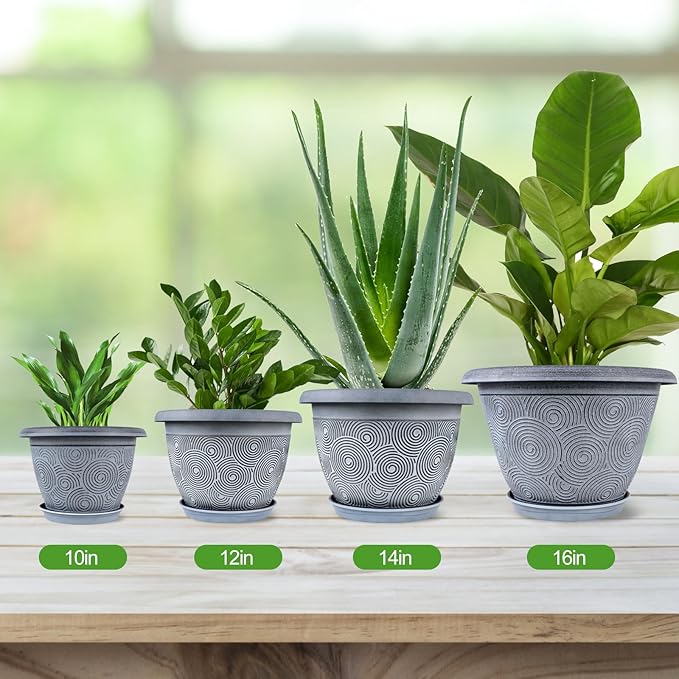 14 Inch Large Planter Pot for Plants Indoor Outdoor, 4 Pack Plastic Flower Pots with Drainage Hole & Tray, Modern Decorative Garden Pot with Saucer, Plant Container for House-Ruum Studio Home