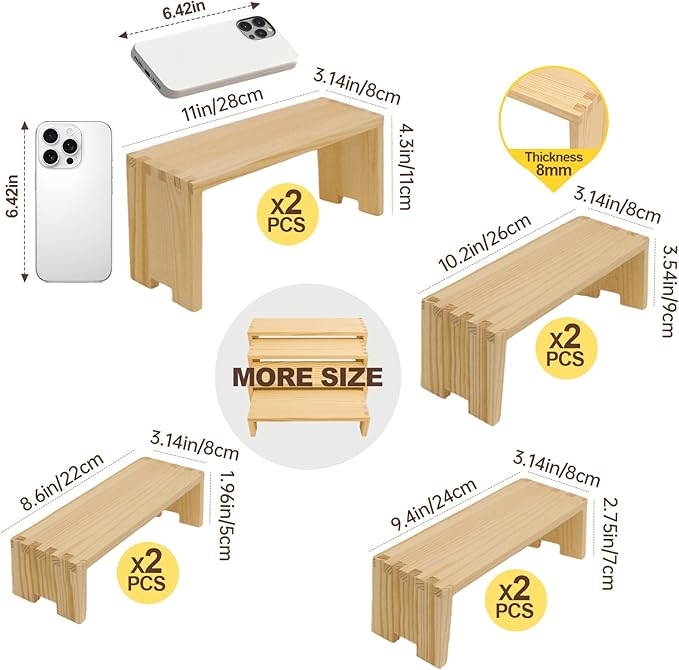 Large Display Wood Risers Wooden Stand 8 Tier Wood Racks Decorative Rectangular, 2 Set 8 Pieces Cupcake Stands Cologne Perfume Organizer Dessert Showcase Items(nature)-Ruum Studio Home
