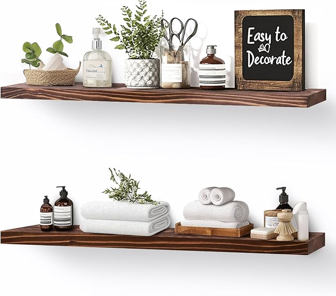 Floating Wall Shelves 2-Pack - 24-Inch Rustic Brown Wooden Shelves for Storage and Décor, Easy Installation for Living Room, Bedroom, and Kitchen-Ruum Studio Home