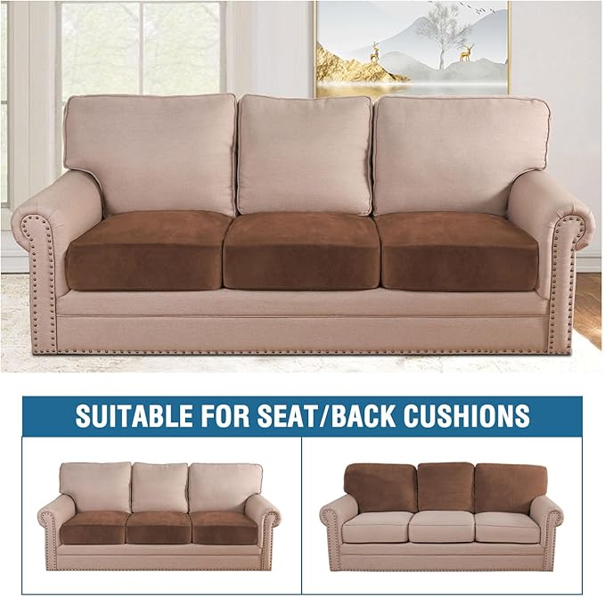 H.VERSAILTEX Velvet Stretch Couch Cushion Cover Plush Cushion Slipcover for Sofa Cushion Furniture Protector Seat Cushion Sofa Cover (3 Piece Sofa Cushion Covers, Caramel)-Ruum Studio Home