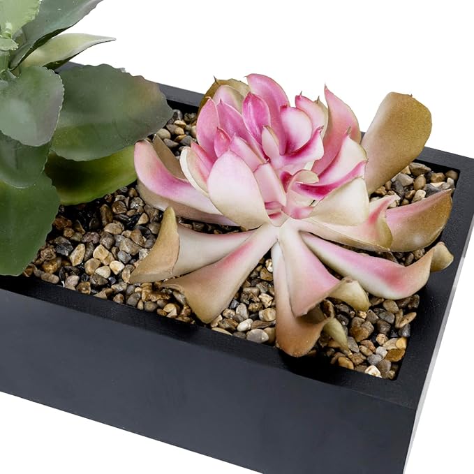 MyGift Artificial Assorted Succulent Arrangement in Rectangular Black Wood Planter Box, Fake Plant Decor-Ruum Studio Home