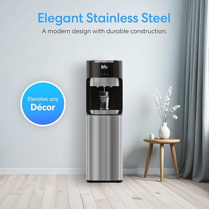 Brio Bottom Loading Water Cooler Dispenser for 5 Gallon Bottles - 3 Temperatures with Hot, Room & Cold Spouts, Child Safety Lock, LED Display with Empty Bottle Alert, Stainless Steel-Ruum Studio Home