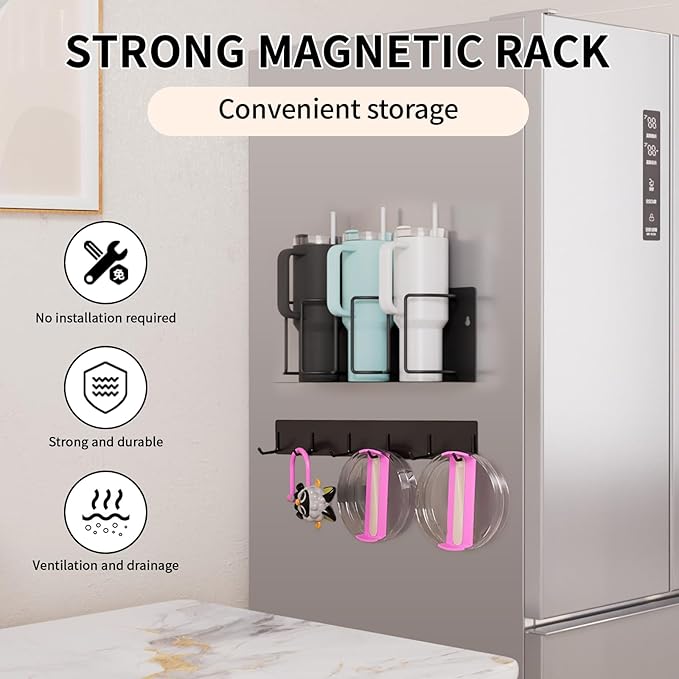 Strong Magnetic Cup Holder for Fridge, Fits Stanley 40/30/20 oz, Yeti & More, No-Drill Tumbler Organizer with Lid & Straw Storage, Kitchen & RV Space Saver(2-Piece Set)-Ruum Studio Home