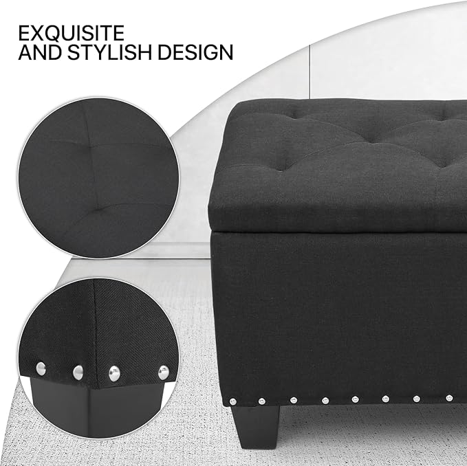 MoNiBloom 42 Inch Long Ottoman with Storage, Black Linen Foot Stool Upholstered Foam Padded Rectangular Fabric Tufted Bench Footrest for Living Room Bedroom Entry with 300 Lbs Capacity-Ruum Studio Home