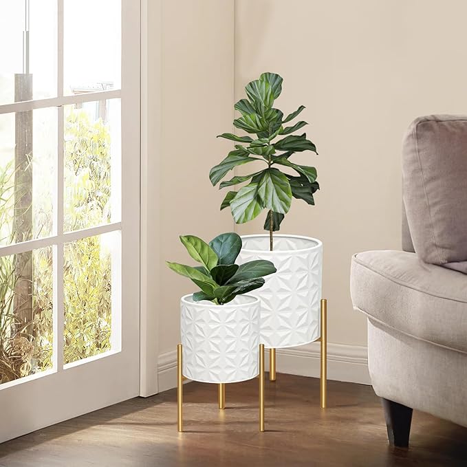ARNIS Modern Planter Pots, Set of 2 Large Planters with Stand, Decorative Planters, Metal Pots with Drainage Holes for Living Room, Office, Garden or Balcony, 8.25 &10.5 Inch, Matte White-Ruum Studio Home