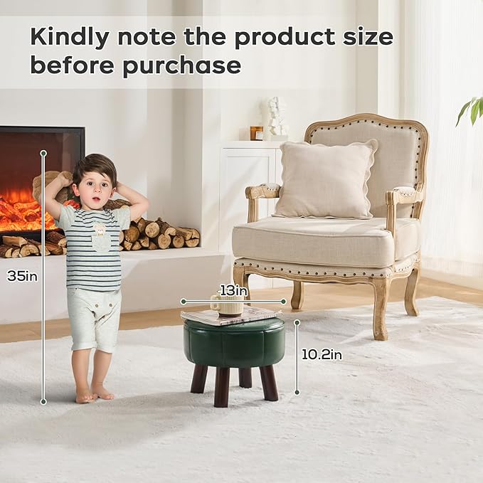 13in Small Foot Stool Ottoman, Round Faux Leather Foot Rest for Couch, Under Desk Pouf Footstool Footrest with Non-Skid Rubber Legs for Ling Room, Bedroom, 13''L x 13''W x 10.2''H, Green-Ruum Studio Home