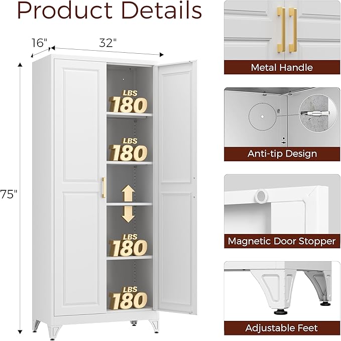 75" Kitchen Pantry Cabinet, White Metal Storage Cabinets with 2 Doors and 4 Adjustable Shelves, Tall Pantry Storage Cabinet for Kitchen, Dining Room, Living Room-Ruum Studio Home