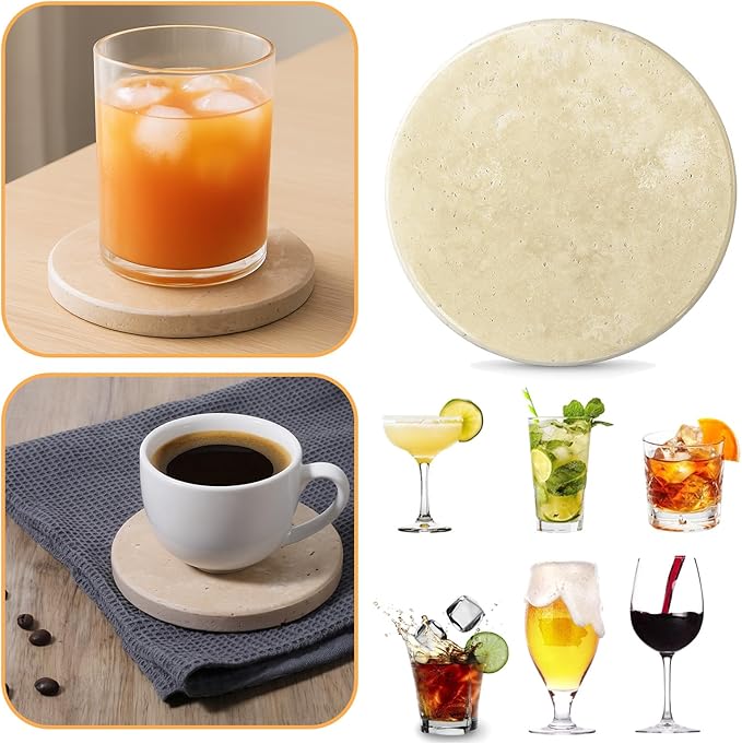 Beige Natural Travertine Marble Coasters Set of 4, Round 4 Inch Diameter Drink Marble Coasters for Housewarming Gifts, Anniversaries, Office Decorations Protect Tables from Stains & Scratches-Ruum Studio Home