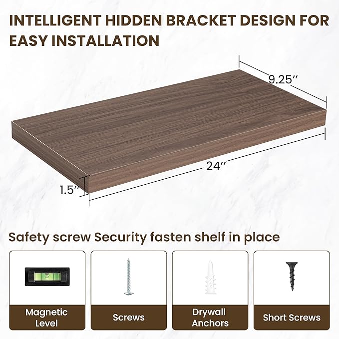 24 Inch Floating Shelves, 24"x9.25"x1.5" Inch Deep Floating Shelves for Wall, Wooden Shelves for Bathroom, Bedroom, Living Room, Walnut-Ruum Studio Home