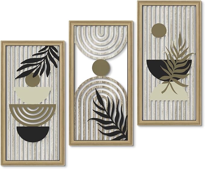 Putuo Decor Boho Abstract Wall Art, Set of 3, Modern Geometric Botanical Wooden Wall Decor, Mid-Century Minimalist Framed Artwork, Neutral Toned Aesthetic Prints, for Living Room, Bedroom, Office-Ruum Studio Home