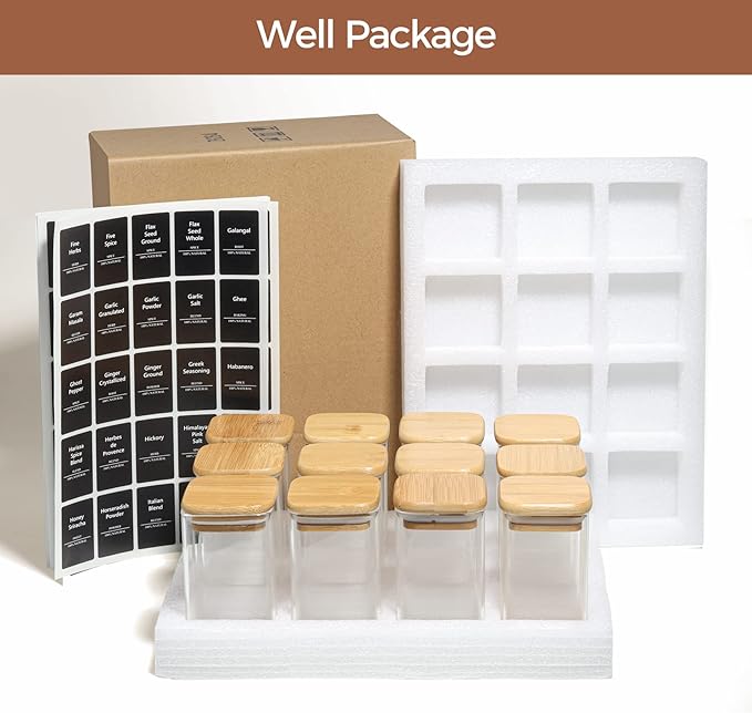 ComSaf 12Pcs Glass Spice Jars with Bamboo Lid, 8oz Airtight Square Containers with 275 Black Lables, Empty Seasoning Jars for Spice Salt Sugar-Ruum Studio Home