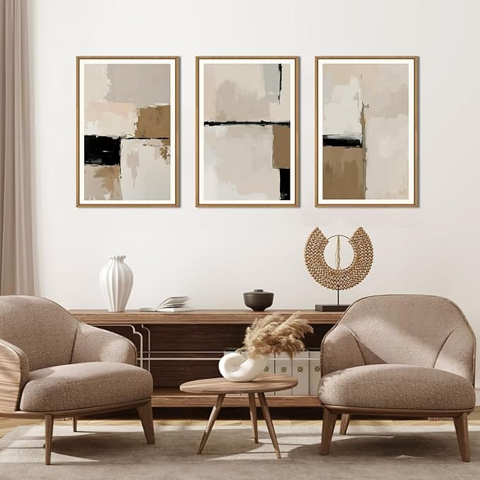 HPINUB Large Modern Abstract Framed Canvas Wall Art Set,Geometric Line Black White and Beige Textured Wall decor Neutral Gray Minimalist Art Print for Living Room,Bedroom,Dining Room,Office -16"x24"x3-Ruum Studio Home