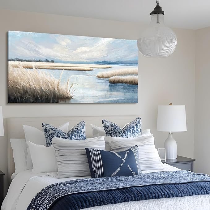 amatop Large Coastal Wall Art Abstract Landscape Beach Ocean Marsh Canvas Print Calming Soft Blue and Beige Wetland Picture Minimalist Neutral Nature Artwork for Bedroom Living Room Office 48x24-Ruum Studio Home