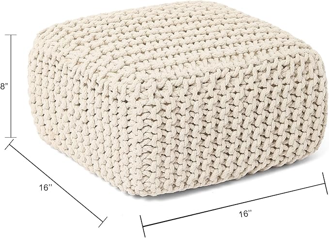 REDEARTH · Cube Low Pouf Foot Stool Ottoman - Hand Knitted Poof - Cord Boho Pouffe - Home Décor - Stuffed Footrest for Living Room - Nursery - Bedroom - Covered Patio - Room (16" x 16" x 8") - Ivory-Ruum Studio Home