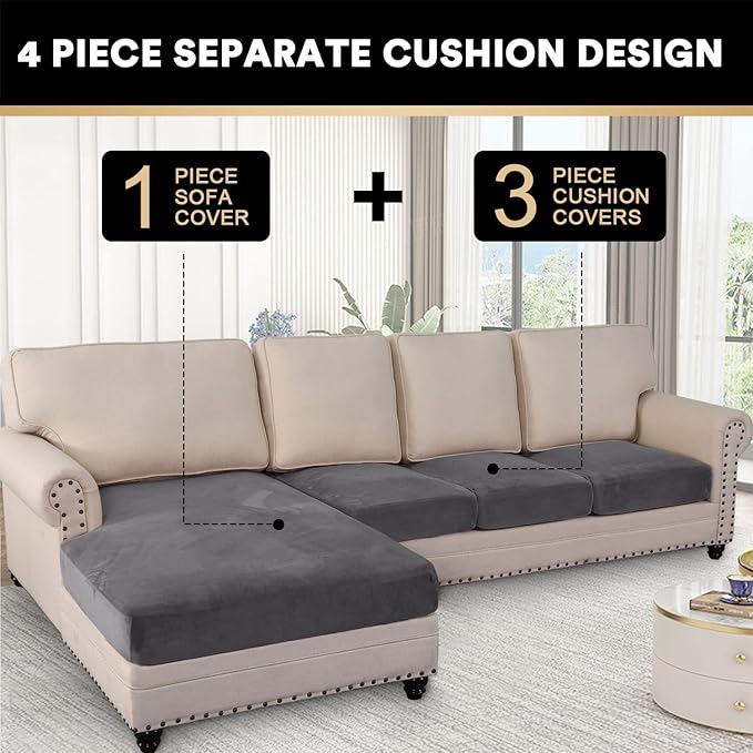 PrinceDeco Sectional Couch Covers 4 Pieces Velvet Separate Couch Cushion Covers L Shape for Left/Right Chaise Sectional Couch with Elastic Bottom (3 Seater + 1 Chaise,Grey)-Ruum Studio Home