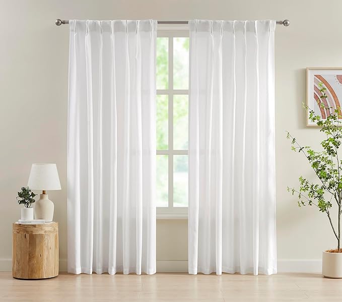 FMFUNCTEX Pinch Pleated Curtains 84 Inches Long for Living Room, White Semi Sheer Faux Linen Textured Pleat Drapes for Bedroom with Hooks, Light Filtering Neutral Farmhouse Window Drapes 2 Panels-Ruum Studio Home
