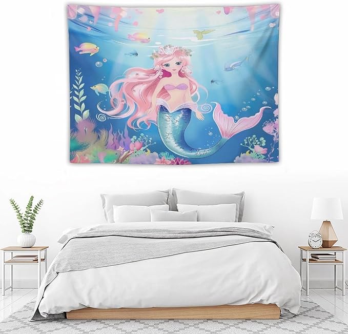 HZOHNAGO Mermaid Girls Tapestry Watercolor Mermaid Princess Pattern Printed Wall Tapestry Wall Hanging for Bedroom Living Room Dorm 40" W x 30" H-Ruum Studio Home