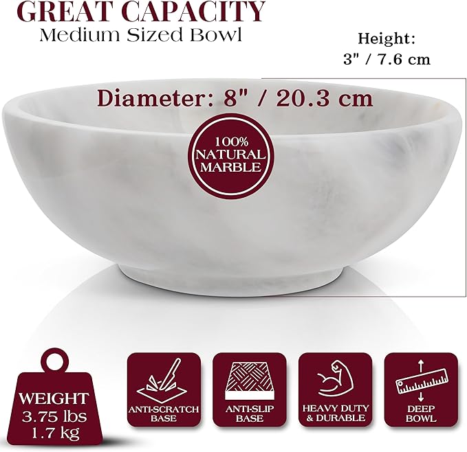 Gusto Nostro 8" Luxury White Marble Decorative Bowl for Coffee Table - Elegant Modern Fruit Bowl for Kitchen Counter - Heavy Stone Entryway Catch all for Keys, Jewelry, Potpourri Holder - Medium Size-Ruum Studio Home