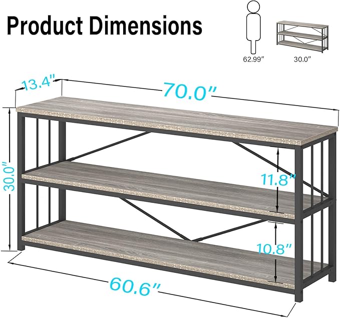 LVB Extra Long 3-Tier Sofa Table, Industrial Console Table with Storage Shelf, Modern Rustic Wood Metal Narrow Entryway Table, Skinny Behind Couch Table for Foyer Living Room Bedroom, Light Grey, 70In-Ruum Studio Home