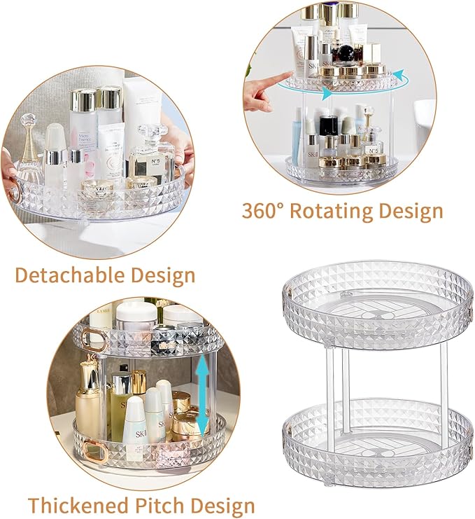 Wesoke 2 Tier Lazy Susan Turntable Cupboard Organiser, Large Rotating Kitchen Spice Rack Spinning Condiment Seasoning Organizer, Detachable Revolving Bathroom Makeup Tray Holder for Cabinet Fridge-Ruum Studio Home