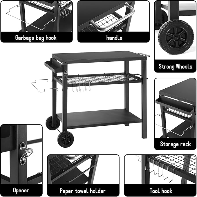Dining Cart Table with Three Shelf, Movable Outdoor BBQ Grill Pizza Oven Stand with Three Hooks, Kitchen Cart Island Multifunctional Food Prep Table for Inside and Outside (Black)-Ruum Studio Home
