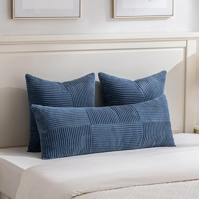 Fancy Homi 2 Packs Dusty Blue Decorative Throw Pillow Covers 20x20 Inch for Living Room Couch Bed Sofa, Rustic Farmhouse Boho Home Decor, Soft Corss Corduroy Patchwork Accent Cushion Case 50x50 cm-Ruum Studio Home