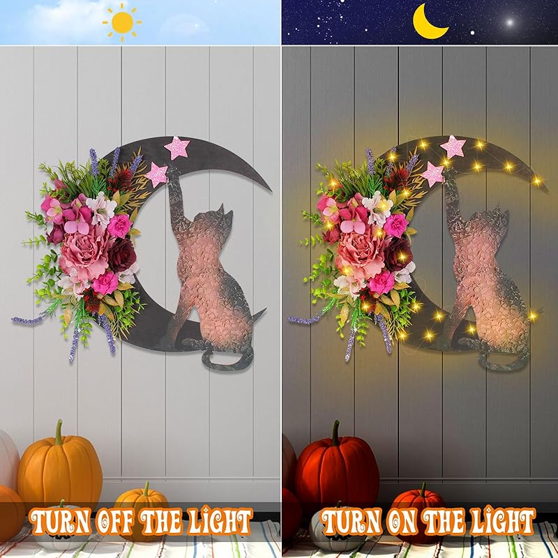 Halloween Wreaths for Front Door with Light, Black Cat Crescent Moon Wreath, Cute Cat Garland Halloween Door Decorations for Outdoor Indoor Decor Wall Window Home Party-Ruum Studio Home