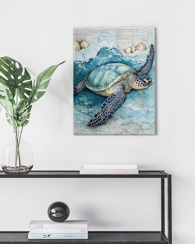 Coastal Sea Turtle Canvas Wall Art Turtle Nautical Ocean Theme Print Poster Framed Picture Painting for Home Beach House Bedroom Wall Decor 11x15 Inch-Ruum Studio Home