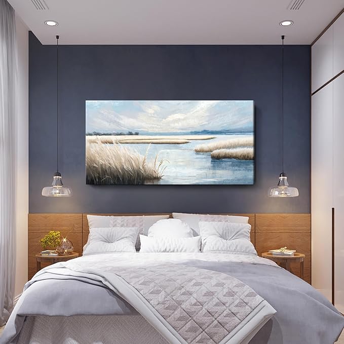 amatop Extra Large Coastal Marsh Landscape Wall Art – Neutral Blue Beige Wetland Canvas Print for Bedroom Living Room Office – Serene Nature Wall Decor,Oversized Ocean Artwork for Home Decoration-Ruum Studio Home
