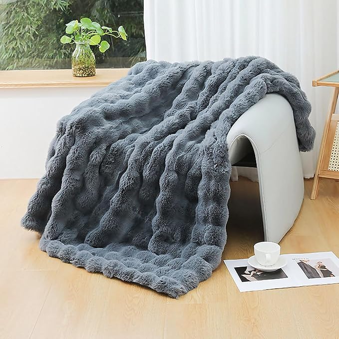 UKELER Soft Faux Fur Throw Blanket 50''x60'' Solid Reversible Shaggy Blanket Plush Thick Fluffy Blankets Throws for Bed, Couch, Sofa, Office, Camping Dark Grey-Ruum Studio Home