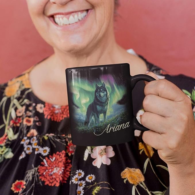 Personalized Husky With Northern Lights Coffee Mug, Custom Name Black Cup 11oz 15oz, Customized Cute Husky Dog Ceramic Mug, Gift For Animal Lovers, Beautiful Landscape Keepsake Cup-Ruum Studio Home