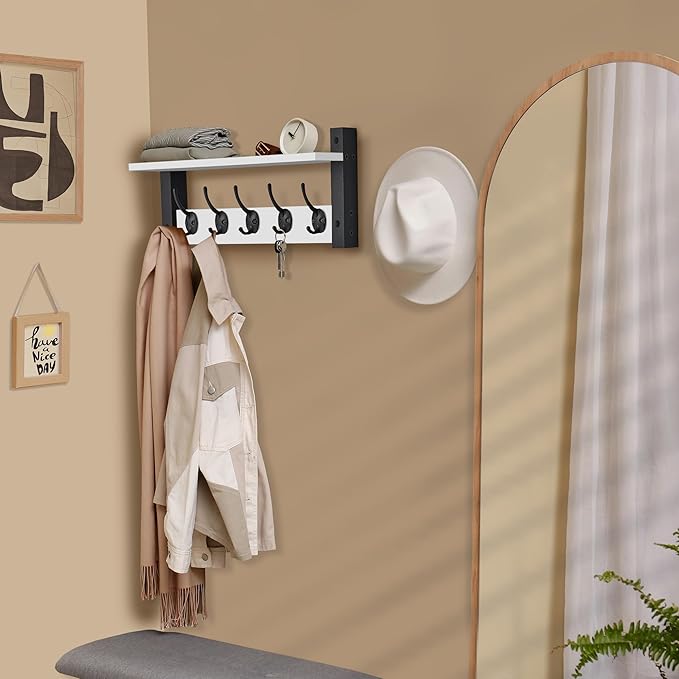 Sorbus Coat Hooks Wall Mount with Shelf – 16 Inch Coat Rack Wall Mount with 5 Heavy Duty Hooks – Floating Wall Shelf with Hooks for Entryway, Bathroom, Bedroom, Kitchen, or Mudroom (White)-Ruum Studio Home