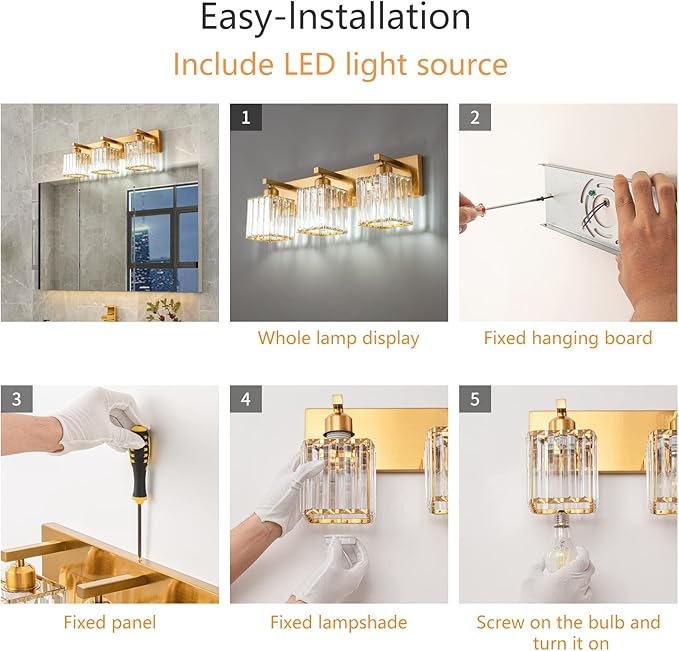 Modern Bathroom Vanity Light 3-Lights Gold Crystal Bathroom Wall Light Vanity Light Fixtures，20.47-inch Modern Minimalist Design