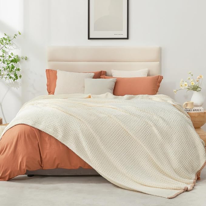 Snuggle Sac Cream Waffle Throw Blanket for Couch Bed Sofa 60x80 inches, Reversible Cream Blanket Microfiber Fluffy Fuzzy Cozy Knit Twin Blanket for Women Mothers Birthday Gifts-Ruum Studio Home
