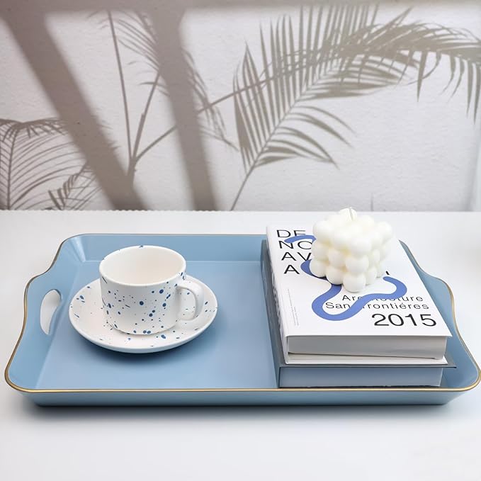 Spsyrine Light Blue Decorative Tray, Elegant Plastic Serving Tray with Handles, Coffee Table Tray for Ottoman, Living Room, Home Decor-Ruum Studio Home