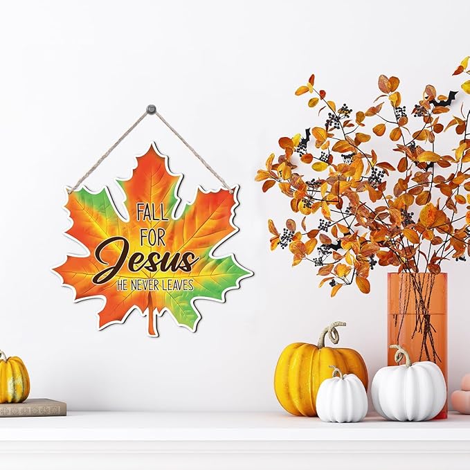 Maple Leaf Fall Decor, Fall for Jesus He Never Leaves Decor Sign Farmhouse Autumn Wreaths for Front Door Christian Jesus Hanger Sign Home Wall Autumn Halloween Thanksgiving Decoration-Ruum Studio Home