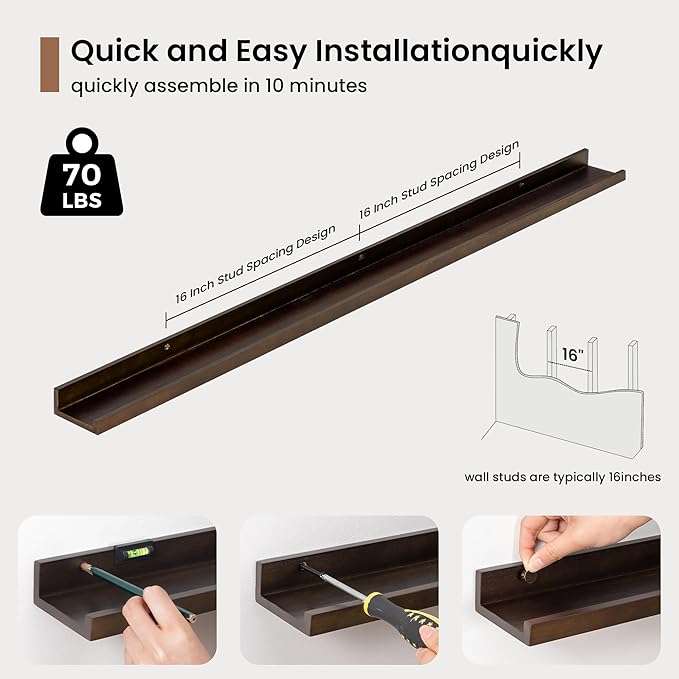 Picture Ledge Shelf, Solid Pine Wood Floating Shelves Set of 2, 48 Inches Nursery Book Shelves for Toys Storage, Kids Bookshelf Wall Mounted for Living Room Bedroom Decor Books Photo Frames, Walnut-Ruum Studio Home