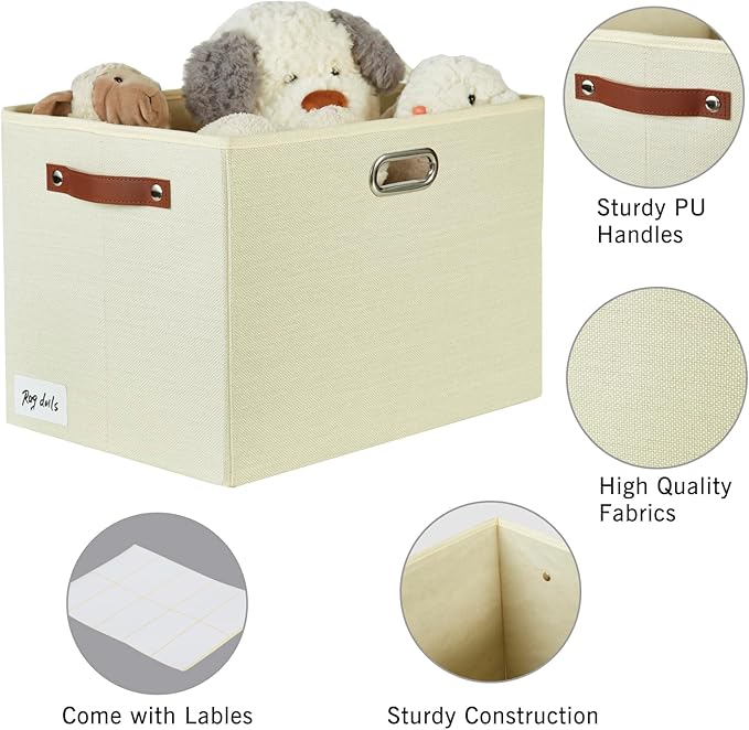 3-Pack Foldable Fabric Storage Bins with Durable PU & Metal Handles , Collapsible Storage Baskets for Shelves, Home Storage, Closet Organizers, Living Room(17"x11.8"x11.8", Beige)-Ruum Studio Home