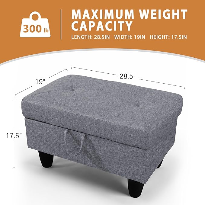 Ottoman Rectangular Storage Ottoman Bench, Flannel Footrest Stool Footstool with Lid for Living Room, Bedroom, Entryway, Gray, 28.5"x19"x17.5"-Ruum Studio Home