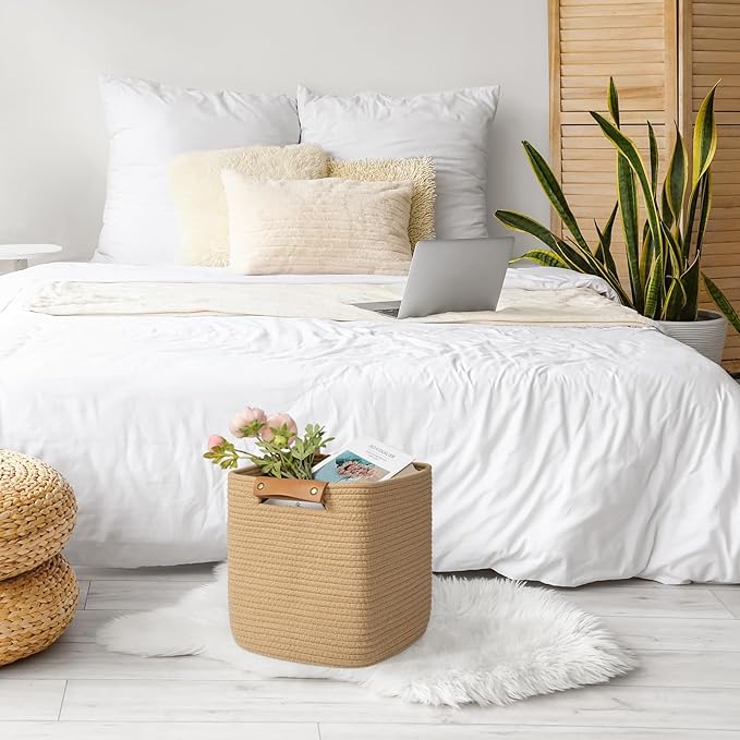 danpinera 3 Pack 11 Inch Woven Baskets for Storage, Stylish Storage Baskets for Shelves, Laundry, Bathroom, Kitchen, Cube Storage Bin, Cotton Rope Boho Baskets, Jute-Ruum Studio Home