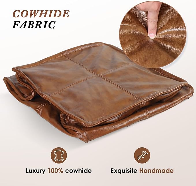 Leather Ottoman,Handmade Stuffed Square Ottoman,Genuine Leather Pouf, Foot Rest Pouf,Comfortable Soft Seating for Living Room & Bedroom (Brown, Square)-Ruum Studio Home