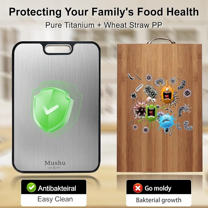 Mushu Titanium Cutting Boards for Kitchen,Upgrated Double Sided Food-Grade 100% Pure Titanium w/Wheat Straw PP Chopping Board for Meat Vegetable Fruit,Easy to Clean,Kitchen Gifts Large Size-Ruum Studio Home