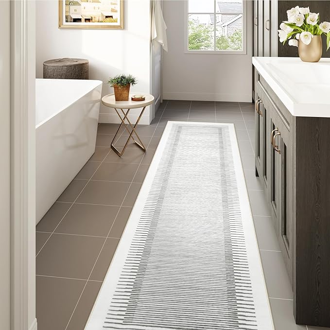 Wonnitar Washable Striped Runner Rug 2'6"x8', Non-Slip Berber Stripe Hallway Runner, Low Pile Minimalist Kitchen Soft Carpet Runner for Bedroom Bathroom Laundry Entryway (Grey, 2'6" x 8')-Ruum Studio Home