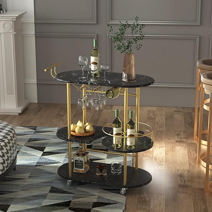 Black Bar Carts with 4-Tier Storage Shelves, Mobile Bar Serving Cart with Wine Rack and Glass Holder, for The Home, Kitchen, Living Room, Dining Room-Ruum Studio Home
