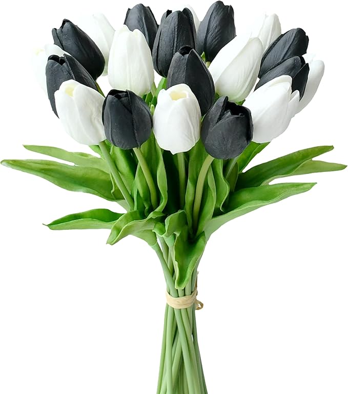 Mandy's Artificial Tulips 20 Stems Black and White PU Faux Flowers for Wedding Home Decor 13.5 Inch-Ruum Studio Home