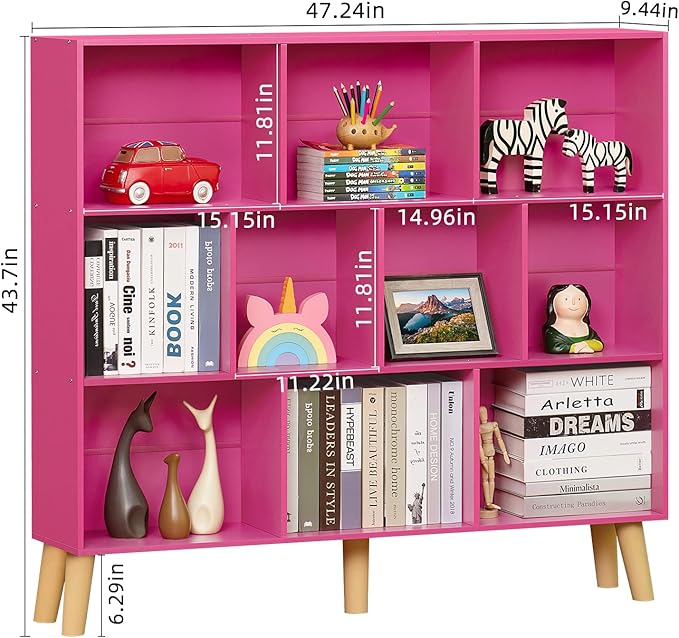 LEYAOYAO 10 Cube Bookshelf,3 Tier Modern Wide Bookcase with Legs,Mid-Century Wood Bookshelves Storage，Pink Large Book Case,Freestanding Organizer Display Shelf for Bedroom,Living Room,Office-Ruum Studio Home